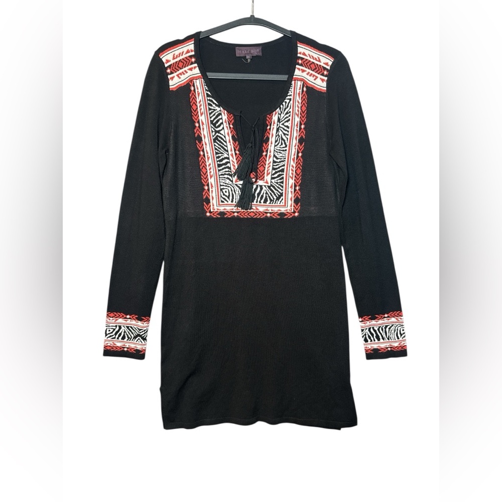 Hale Bob Bohemian Animal‎ Print Mini Dress Small Long Sleeve Tassel